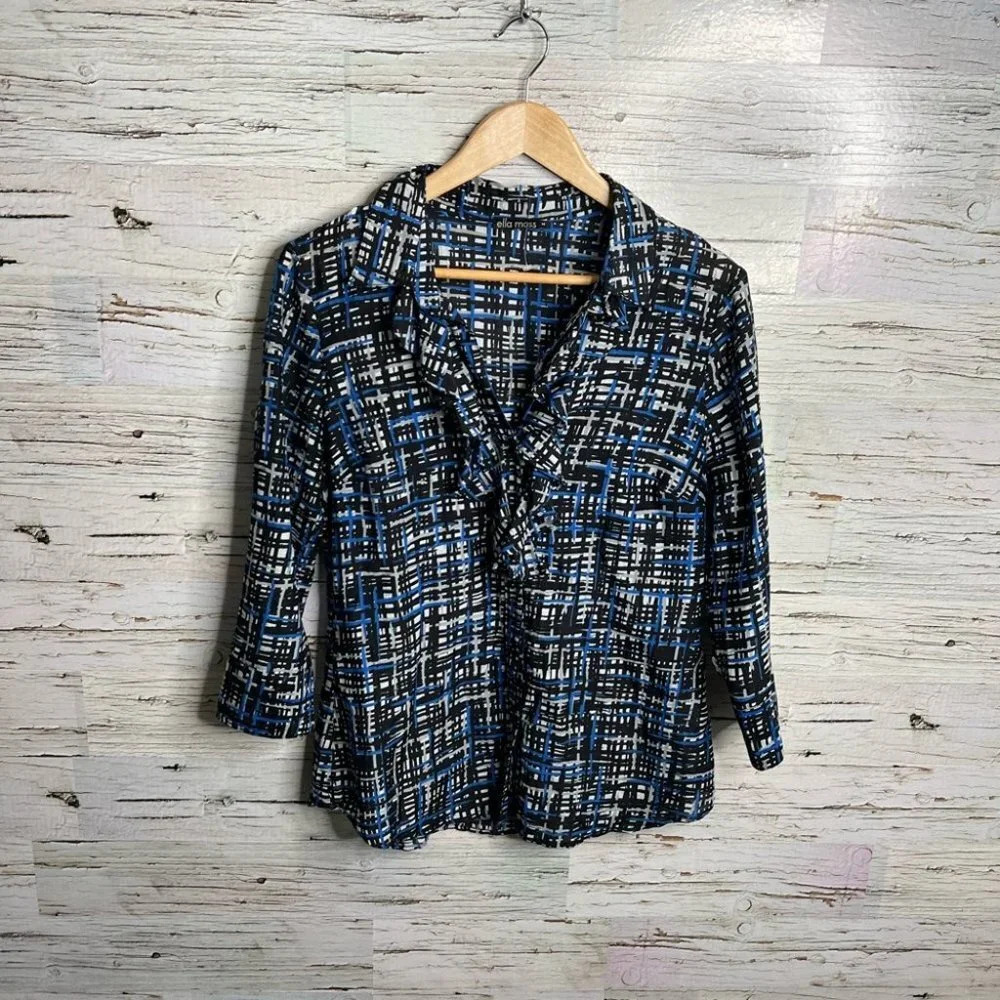 Ella moss black blue ruffle top blouse  career shirt size medium